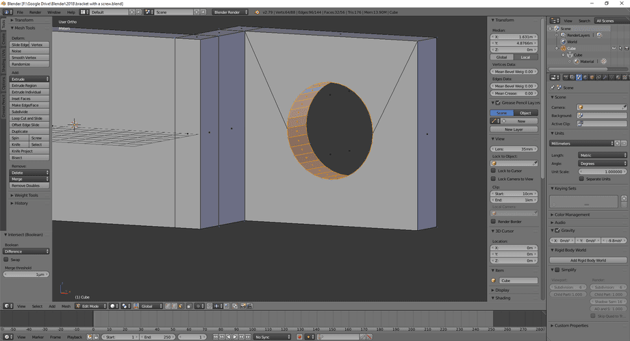 3D model in Blender with a circle shaped hole cutout