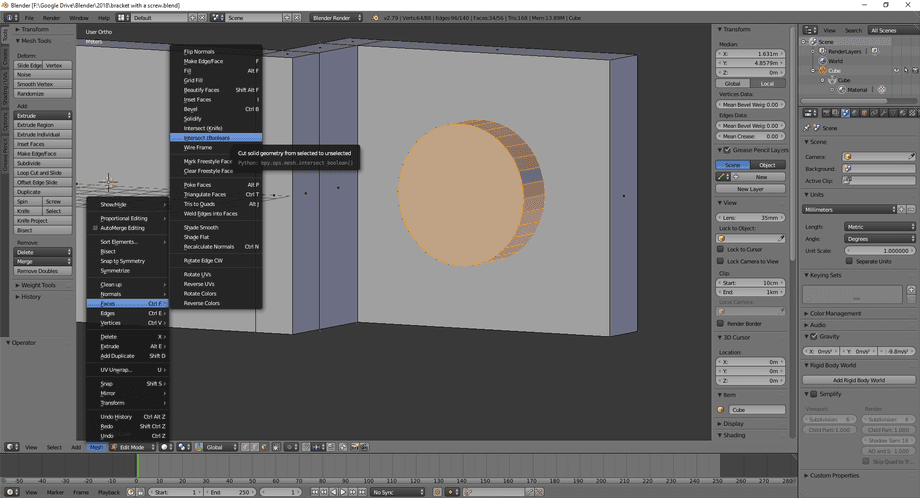 3D model in Blender with a cylinder through