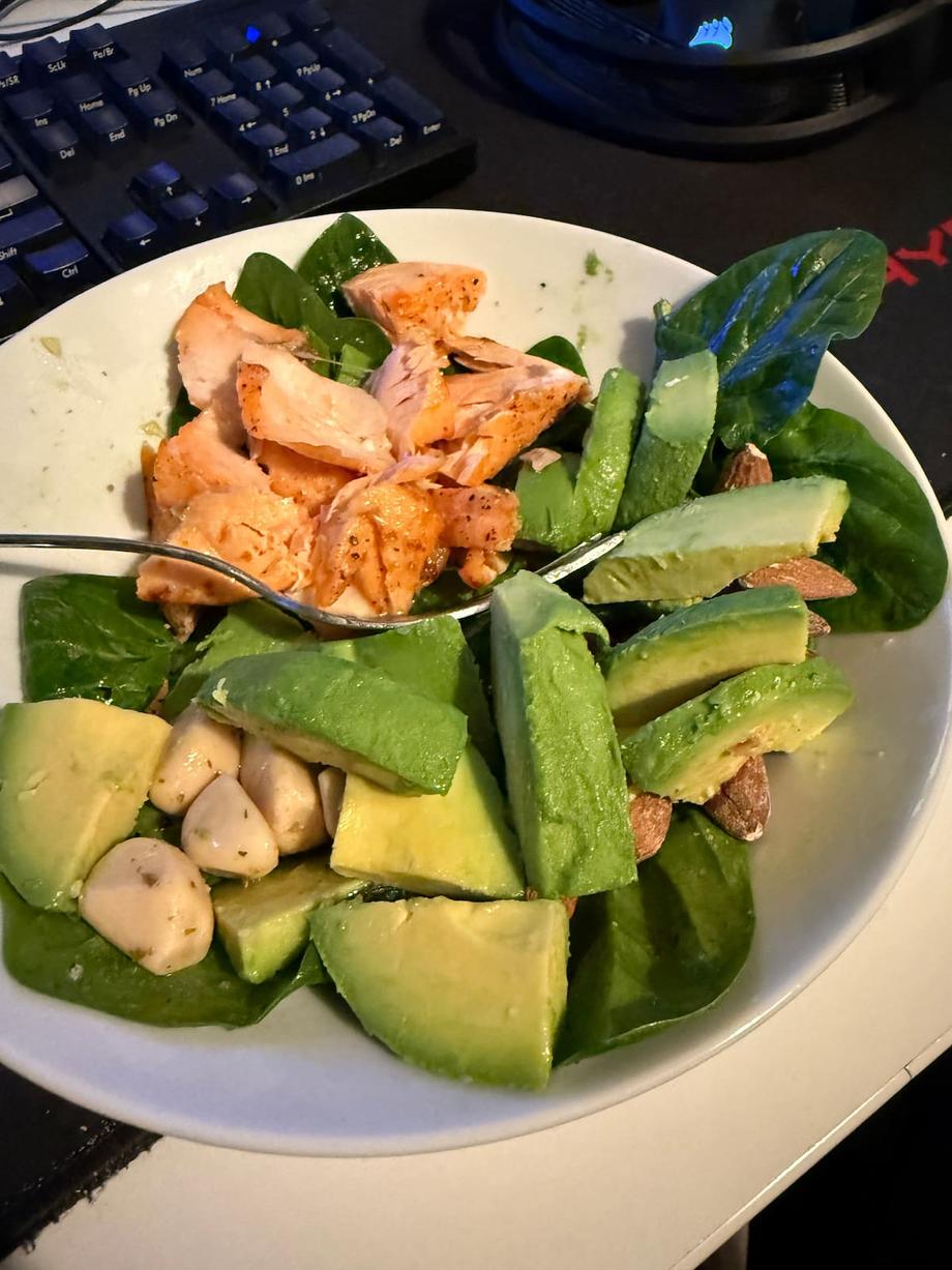 salmon, avocado, garlic, spinach randomness