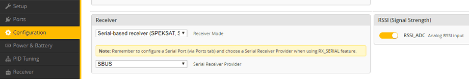 Set receiver to SBUS in Betaflight