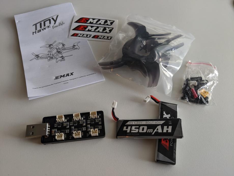 Emax Tinyhawk Freestyle spare props, batteries, charger, screws, manual, stickers