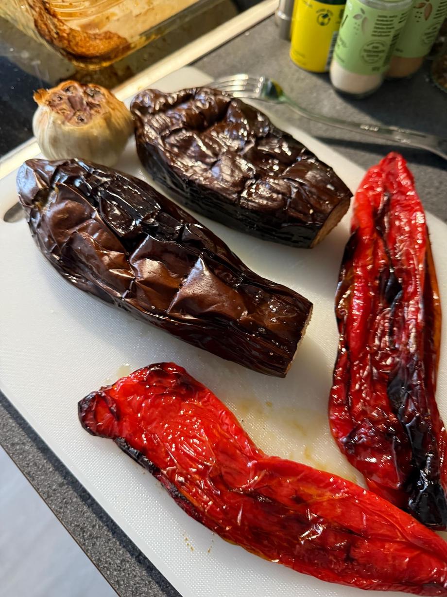 roasted aubergine and peppers