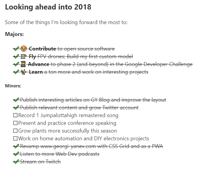 List of goals for 2018 and their status