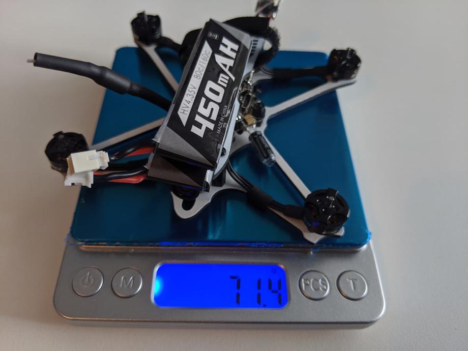 Emax Tinyhawk Freestyle all up weight comes in at 71.4 grams on the scale