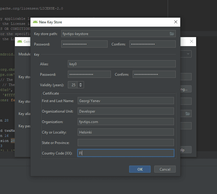 Android Studio new key store dialog details filled in