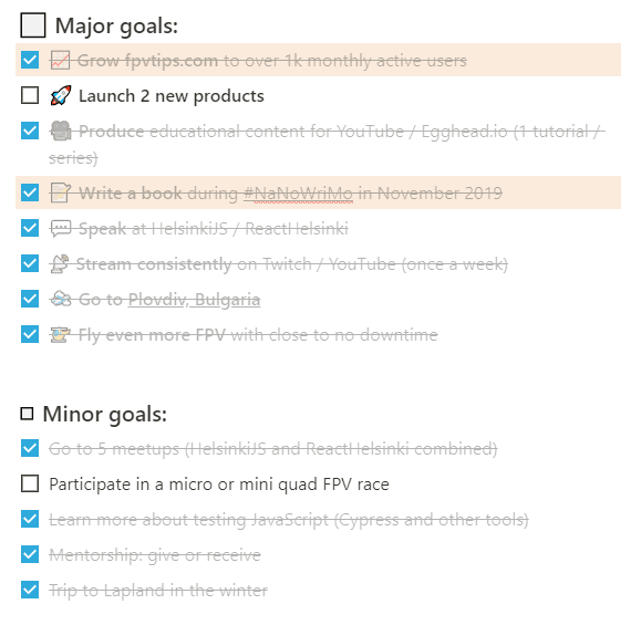 A todo list of the goals for 2019 I set for myself back in 2018