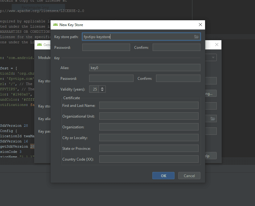 Android Studio new key store dialog